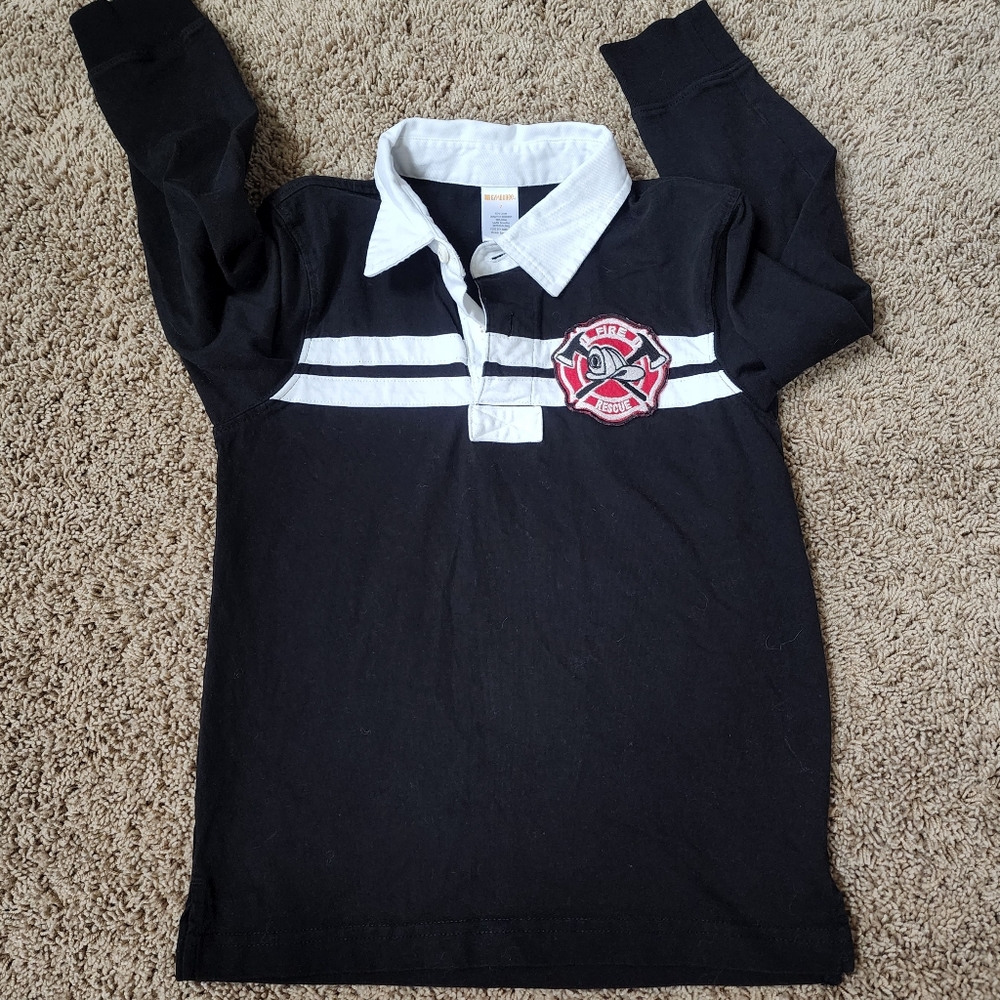 Gymboree sz 7 black and white rugby shirt with fire rescue patch